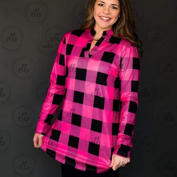 Buffalo Plaid Tunic Style Top Pink/Black - Picture 1 of 4